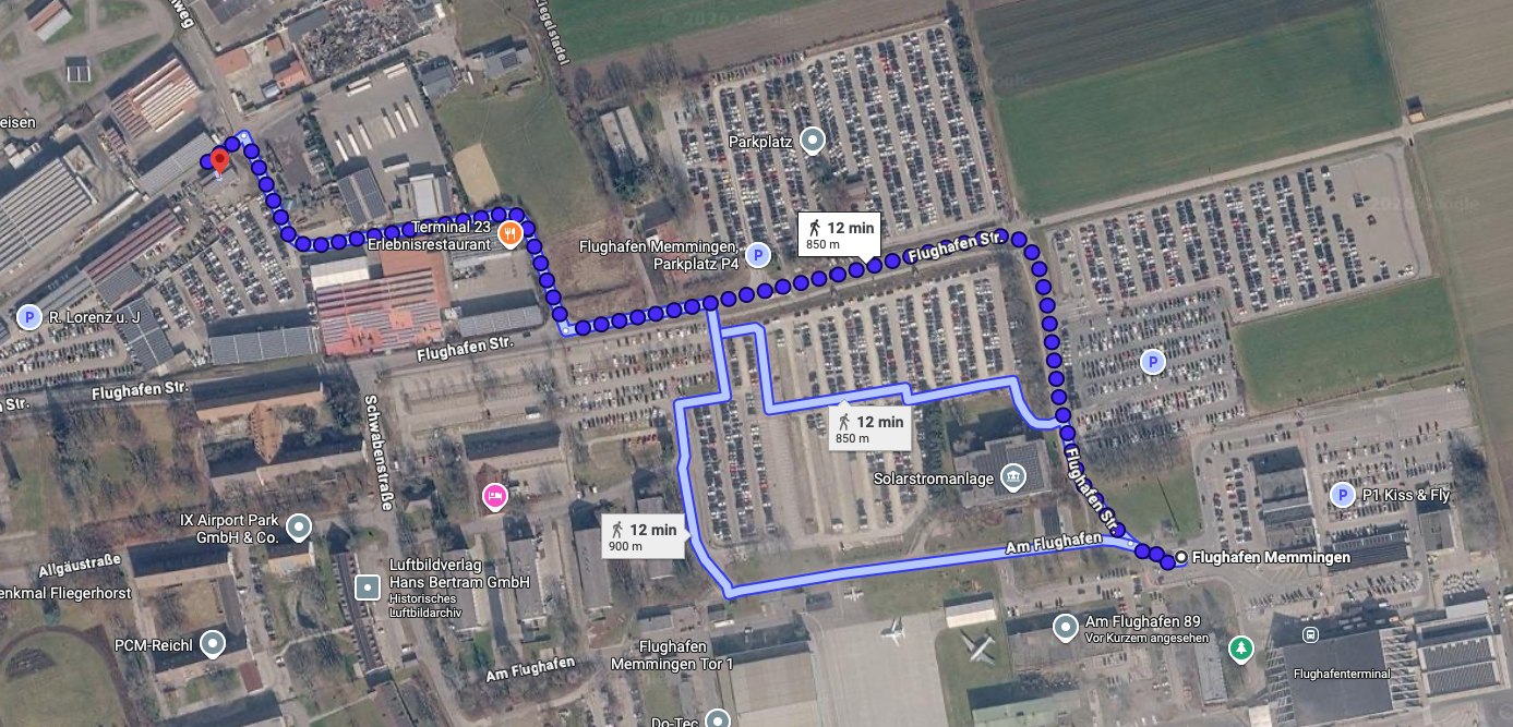 Fußweg vom Parkplatz HolidayPark zum Terminal des Allgäu Airport Memmingen – ca. 850 Meter, ca. 12 Minuten zu Fuß